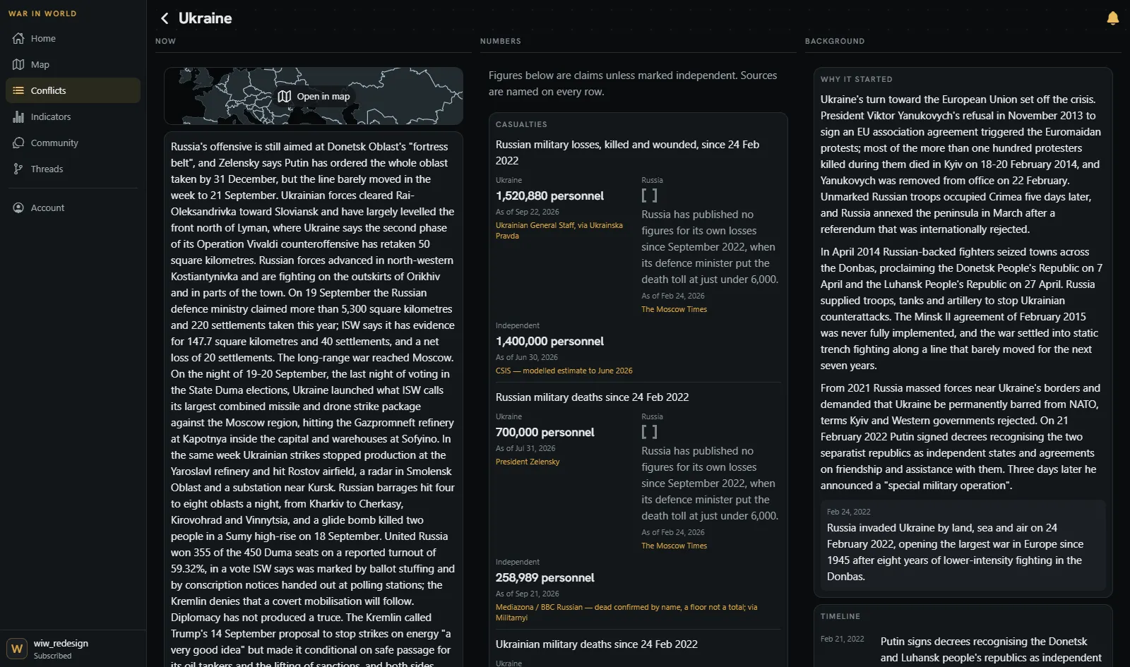 A conflict dossier at full width, in three columns: what is happening now on the left, the contested figures in the middle with Ukraine's count of Russian dead beside an empty Russian column, and the background and timeline on the right.