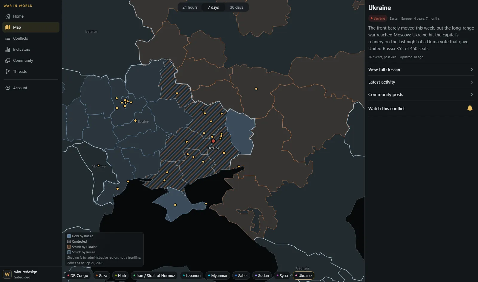 The map at desktop width. Ukraine's administrative regions are shaded by who holds them, with the past week's events as markers, and a panel down the right-hand side carrying the conflict's current status.